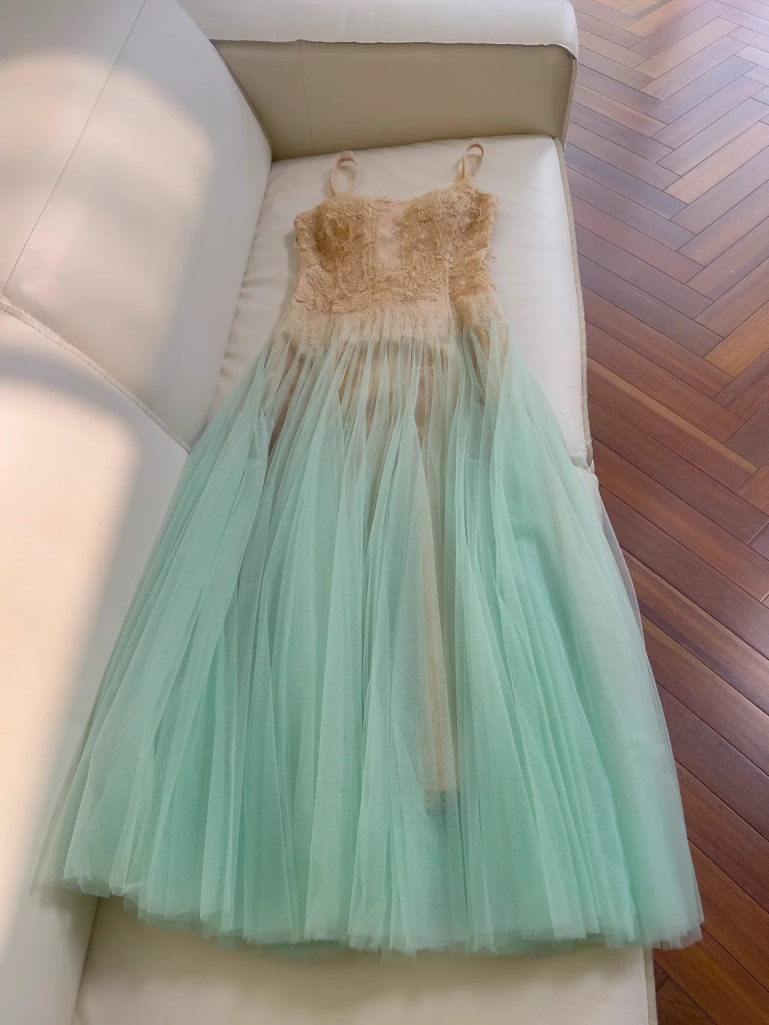 Ethereal Spaghetti Straps Tulle Prom Dress Lace Sequins A-Line Evening Dress GG5891