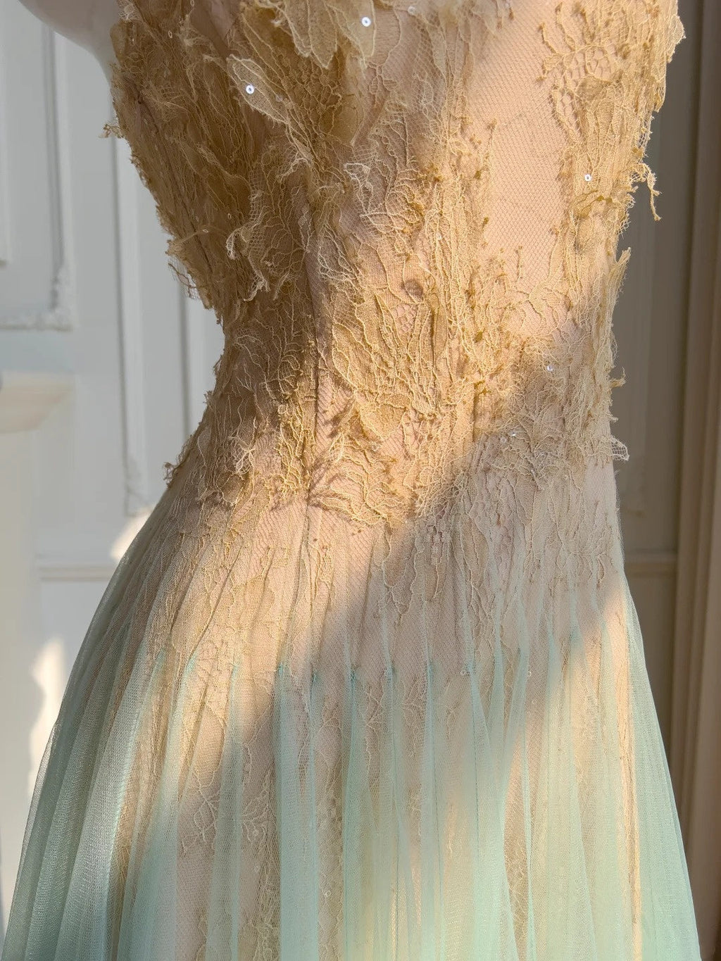 Ethereal Spaghetti Straps Tulle Prom Dress Lace Sequins A-Line Evening Dress GG5891