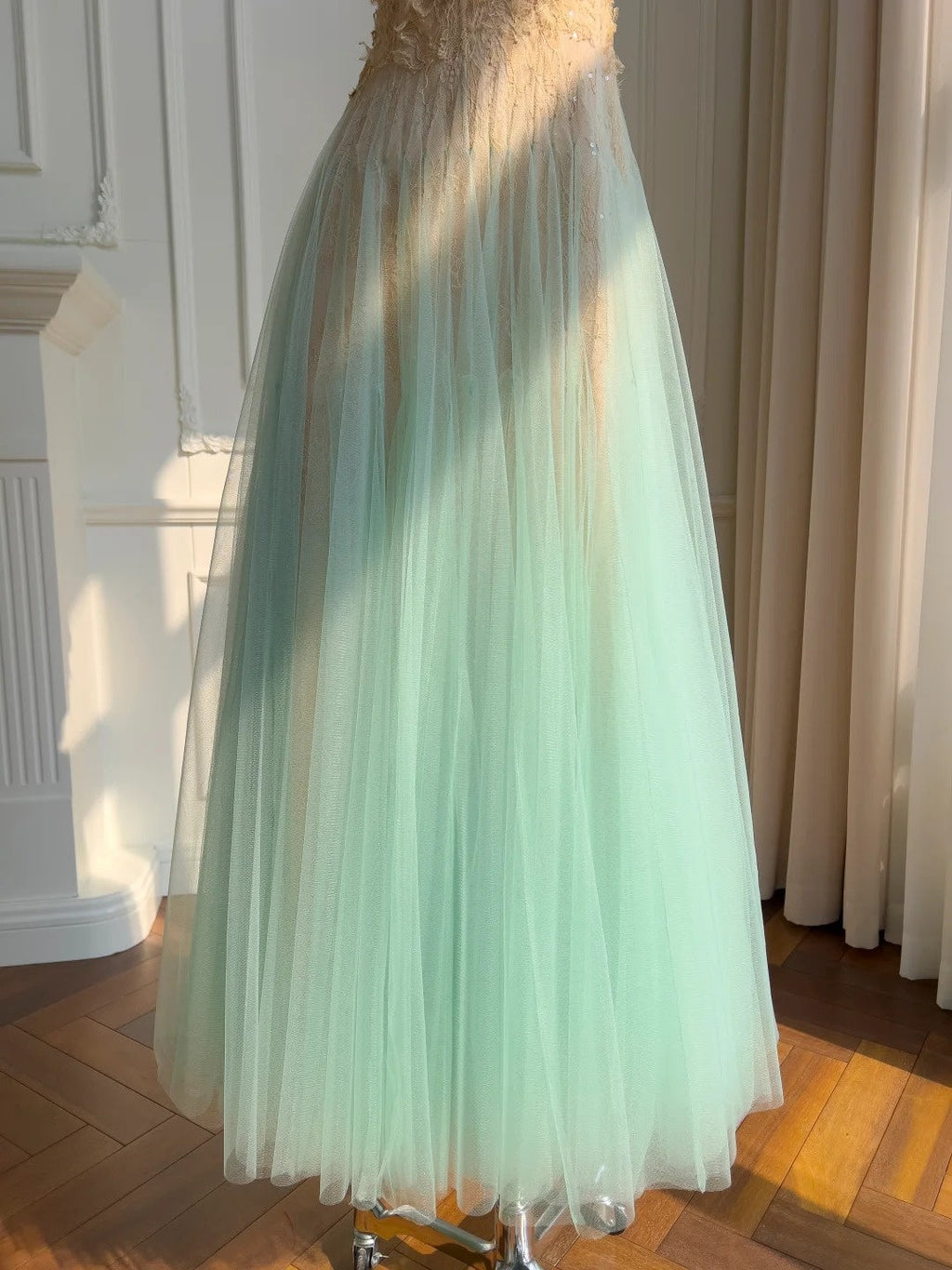Ethereal Spaghetti Straps Tulle Prom Dress Lace Sequins A-Line Evening Dress GG5891