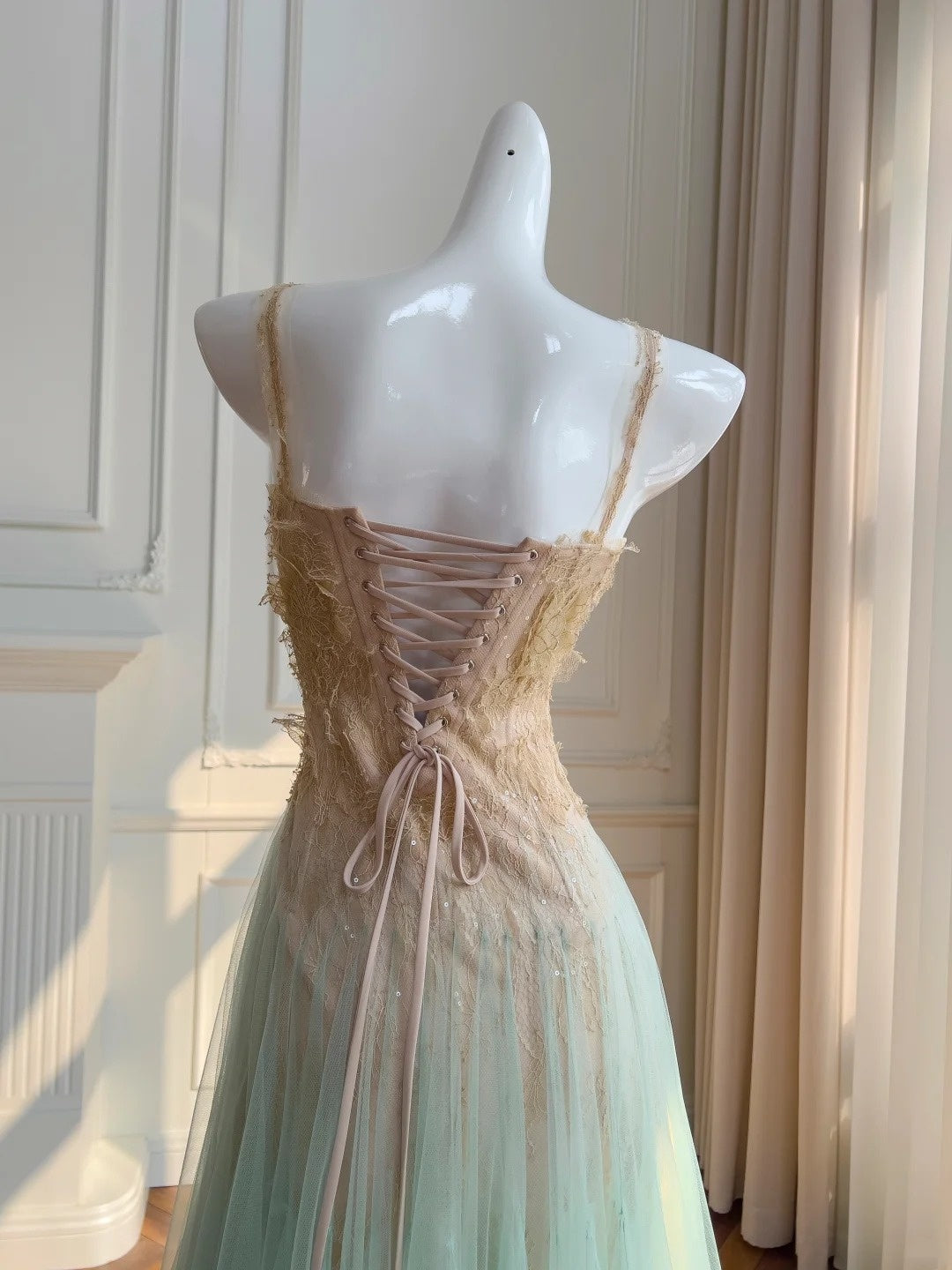 Ethereal Spaghetti Straps Tulle Prom Dress Lace Sequins A-Line Evening Dress GG5891
