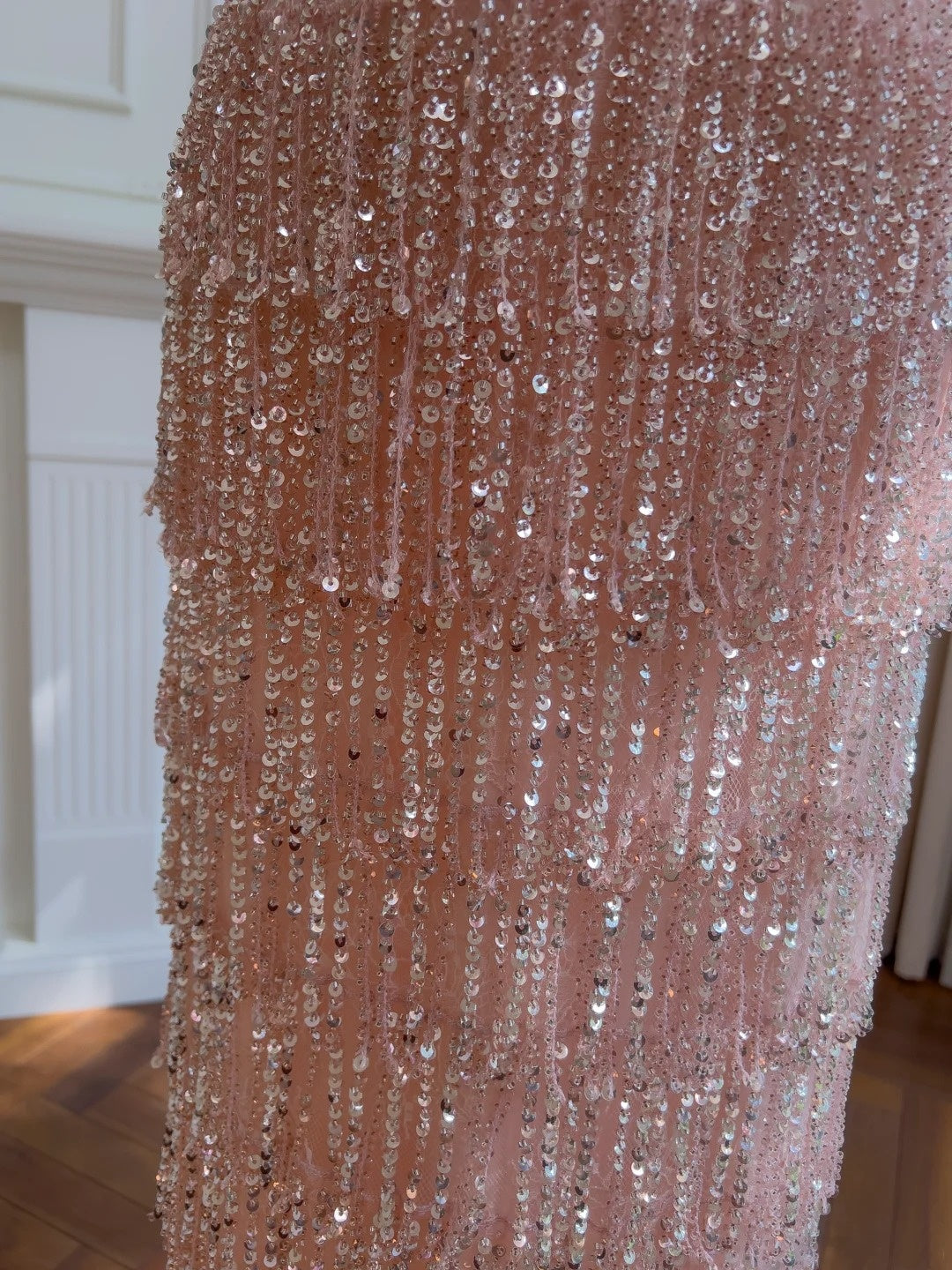 Glittering Spaghetti Straps Pink Prom Dress Sequins Beading Tassel Evening Dress GG5899