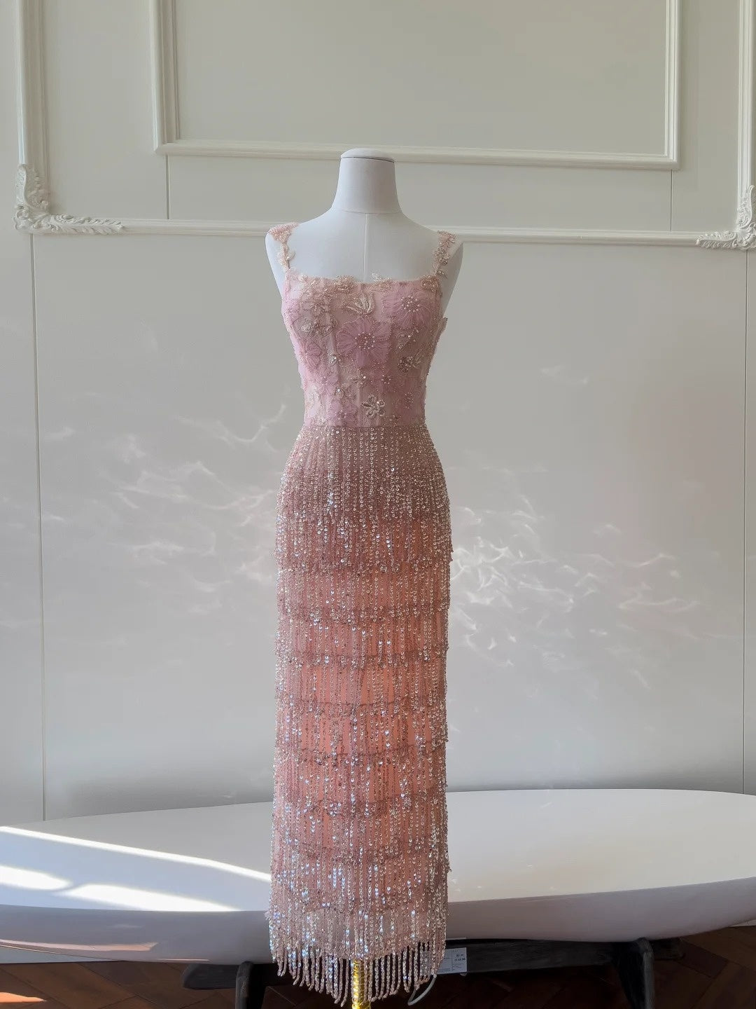 Glittering Spaghetti Straps Pink Prom Dress Sequins Beading Tassel Evening Dress GG5899