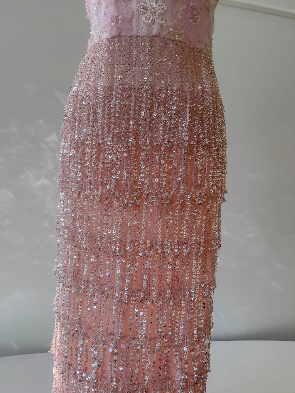 Glittering Spaghetti Straps Pink Prom Dress Sequins Beading Tassel Evening Dress GG5899