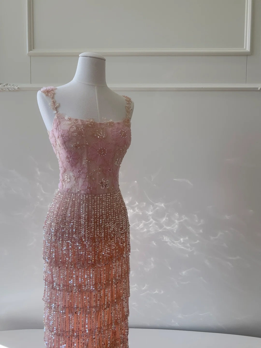 Glittering Spaghetti Straps Pink Prom Dress Sequins Beading Tassel Evening Dress GG5899