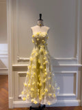 Lovely Spaghetti Straps Yellow Prom Dress Appliques A-Line Evening Dress GG5905