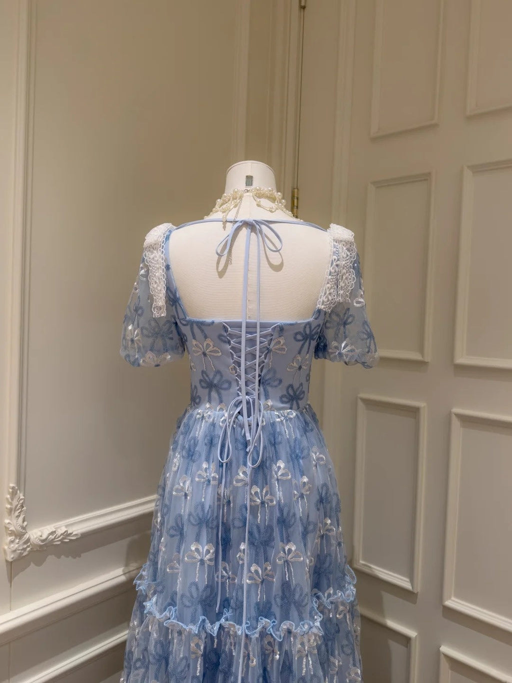 Romantic Short Sleeve Blue Prom Dress Bows A-Line Evening Dress GG5906