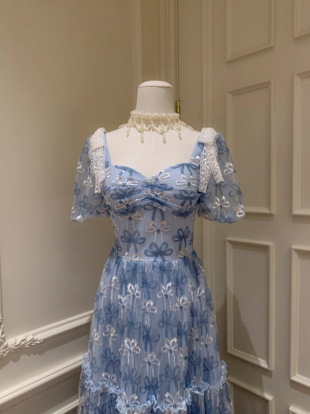 Romantic Short Sleeve Blue Prom Dress Bows A-Line Evening Dress GG5906
