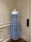 Romantic Short Sleeve Blue Prom Dress Bows A-Line Evening Dress GG5906
