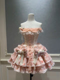 Sweet Off-the-Shoulder Pink Homecoming Dress Lace Tiered Birthday Dress GG5921