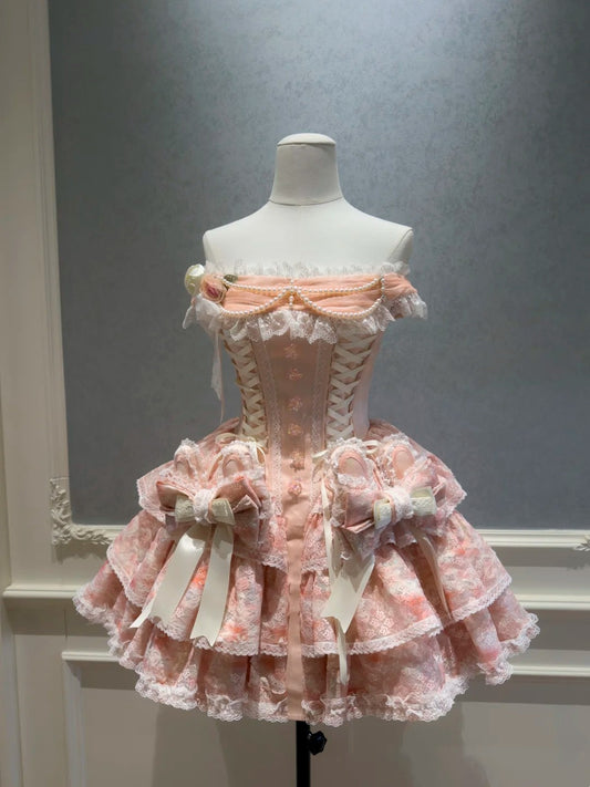 Sweet Off-the-Shoulder Pink Homecoming Dress Lace Tiered Birthday Dress GG5921