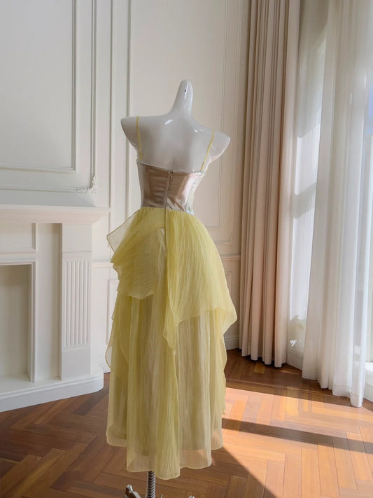Elegant Spaghetti Straps Yellow Prom Dress Tulle A-Line Evening Dress GG5923