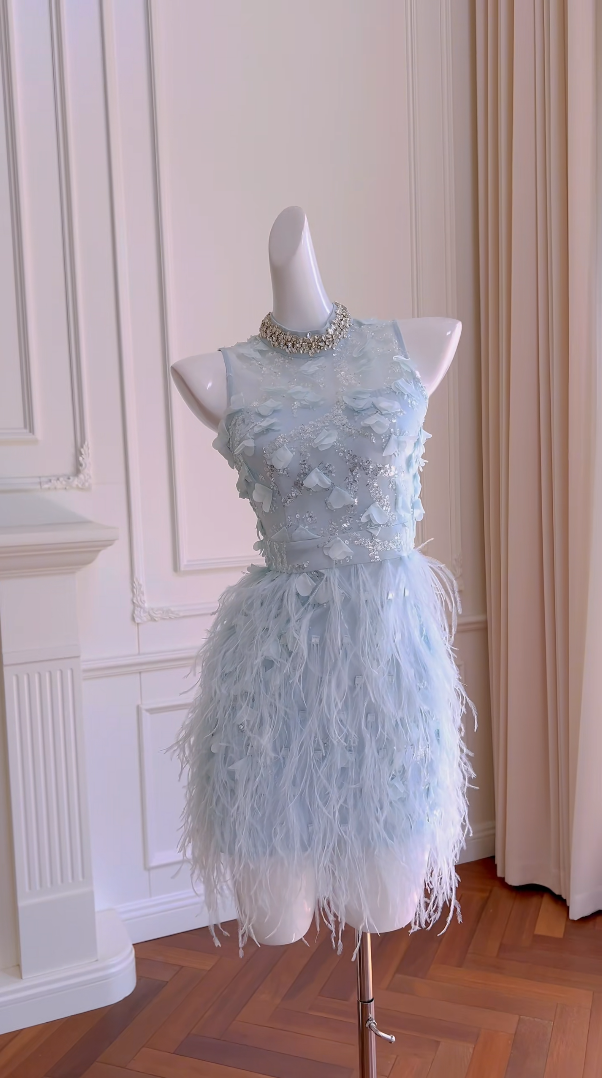 Charming Beaded Blue Homecoming Dress Sequins Feather Sheath Birthday Dress GG5932