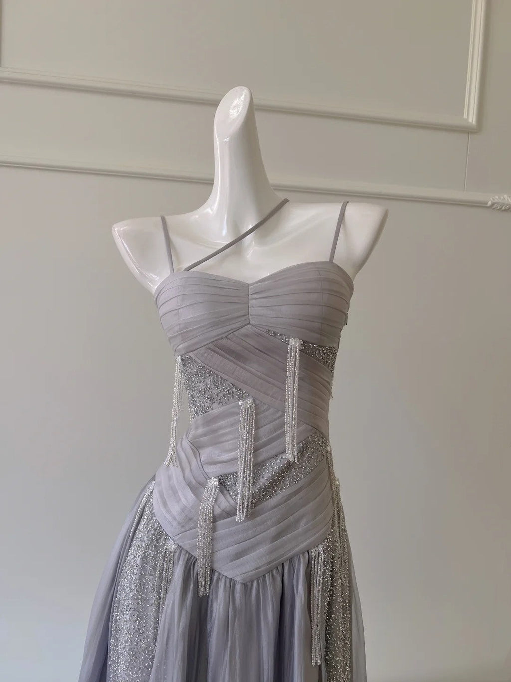 Sparkling Spaghetti Straps Light Purple Prom Dress Sequins Tassel A-Line Evening Dress GG5945