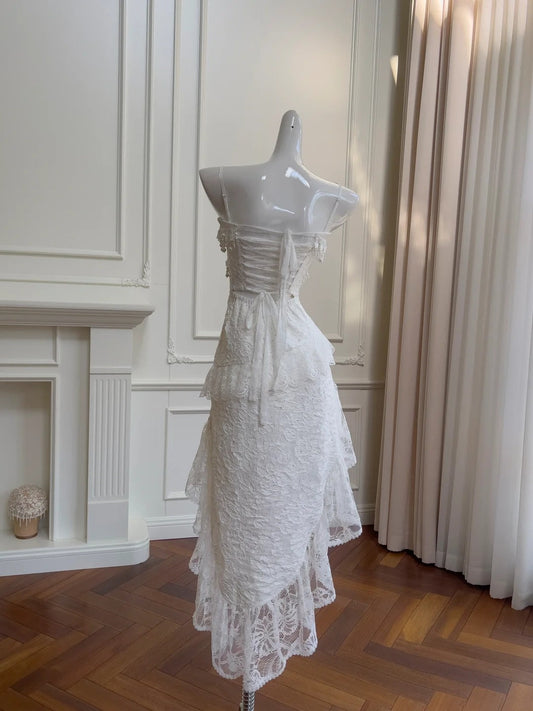 Eelgant Spaghetti Straps White Homecoming Dress Beading Sequins A-Line Birthday Dress GG5948