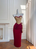 Romantic Strapless Red Prom Dress Floral Sequins Sheath Evening Dress GG5952