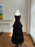 Charming Black Prom Dress Spaghetti Straps Tiered Evening Dress GG5957