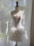 Chic Spaghetti Straps White Homecoming Dress Appliques Sheath Birthday Dress GG5970