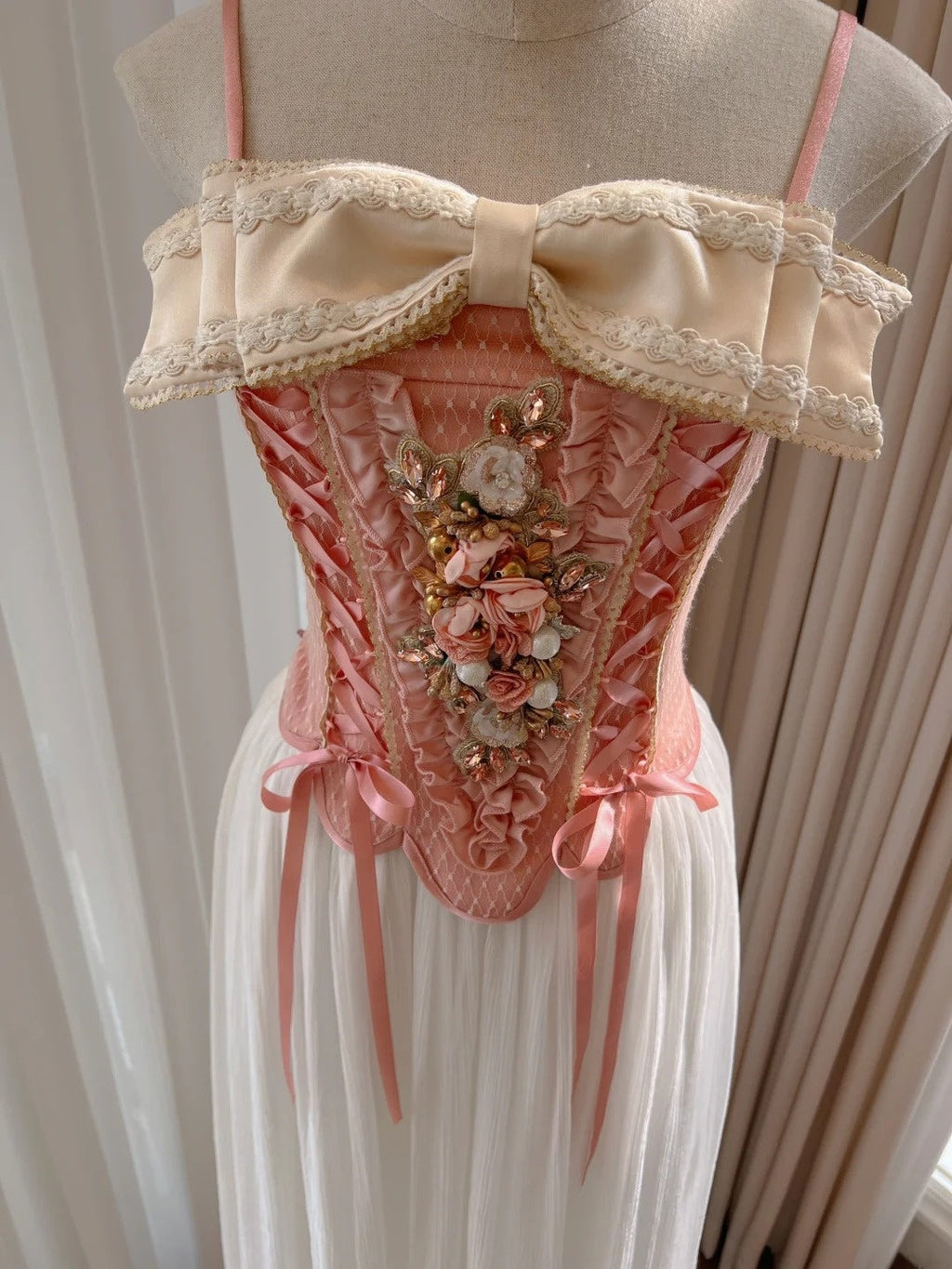 Ornate Spaghetti Straps Pink Prom Dress Rhinestones 3D Floral A-Line Evening Dress GG5975