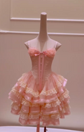 Sweet Spaghetti Straps Ruffles Pink Homecoming Dress Lace Tiered A-Line Birthday Dress GG5979