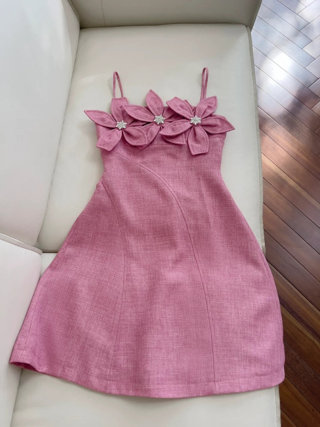Modern Spaghetti Straps Pink Homecoming Dress Beaded Flowers A-Line Birthday Dress GG5981
