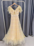 Elegant Short Sleeve Beige Prom Dress Tulle Sequins A-Line Evening Dress GG6000