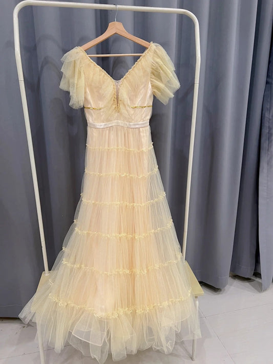 Elegant Short Sleeve Beige Prom Dress Tulle Sequins A-Line Evening Dress GG6000