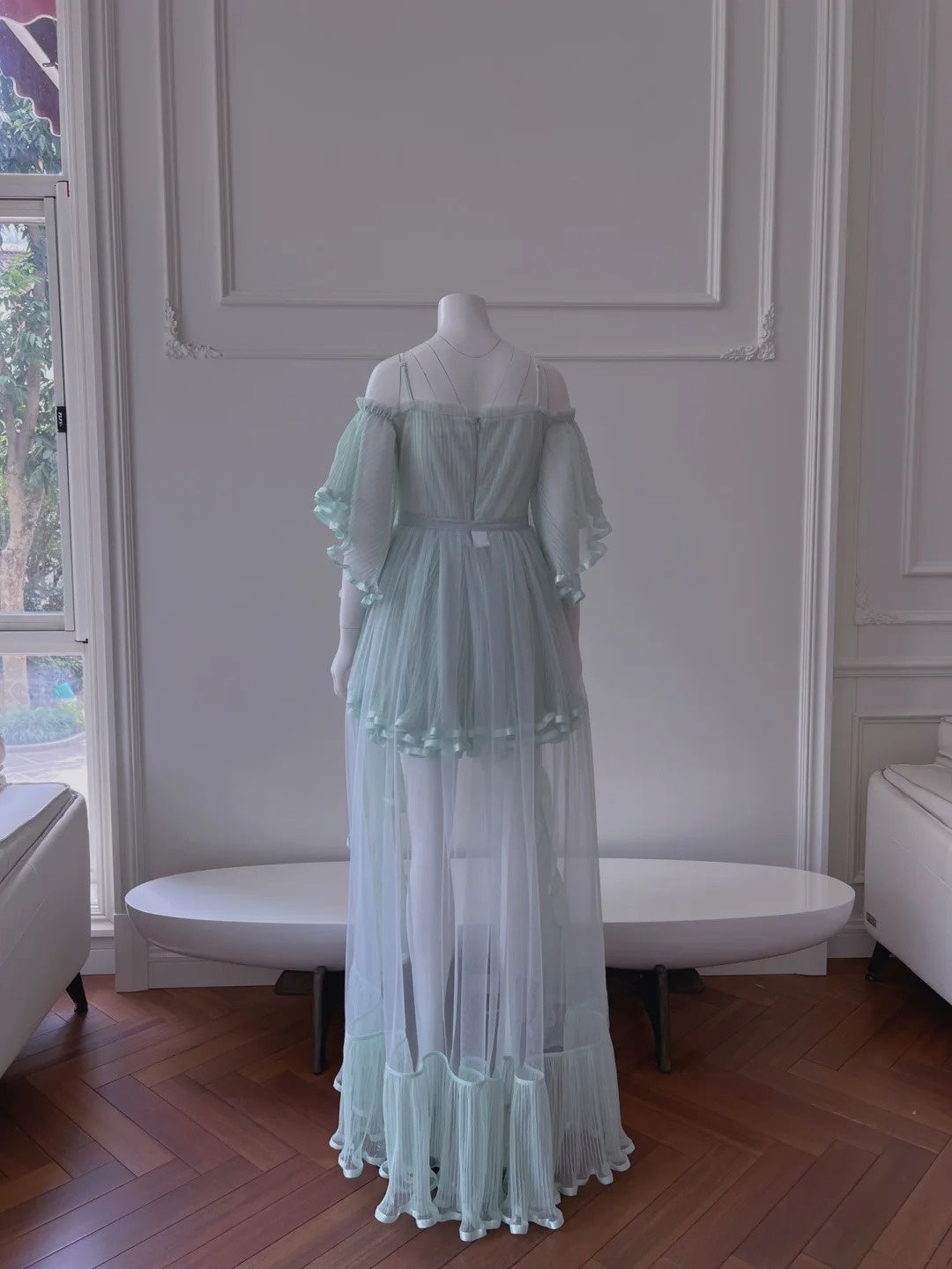 Trendy Long Sleeve Pleated Green Homecoming Dress Tulle A-Line Birthday Dress GG6001
