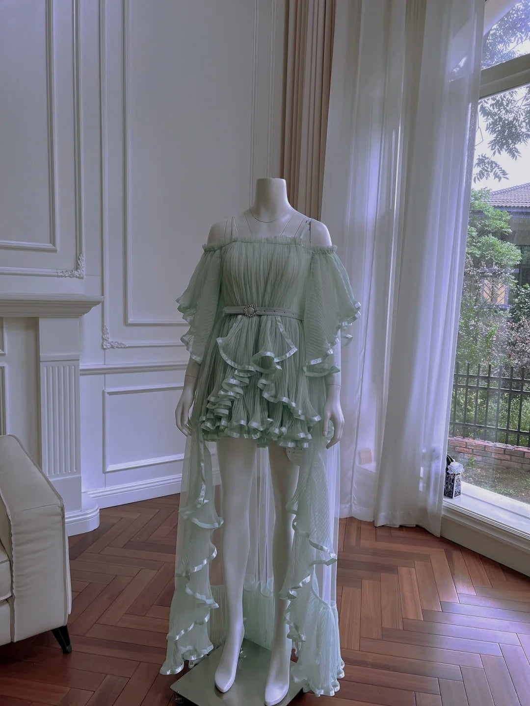 Trendy Long Sleeve Pleated Green Homecoming Dress Tulle A-Line Birthday Dress GG6001