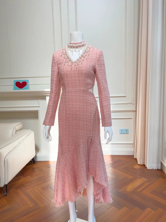 Lovely Cutout Pink Prom Dress Long Sleeve Beading Sheath Evening Dress GG6004