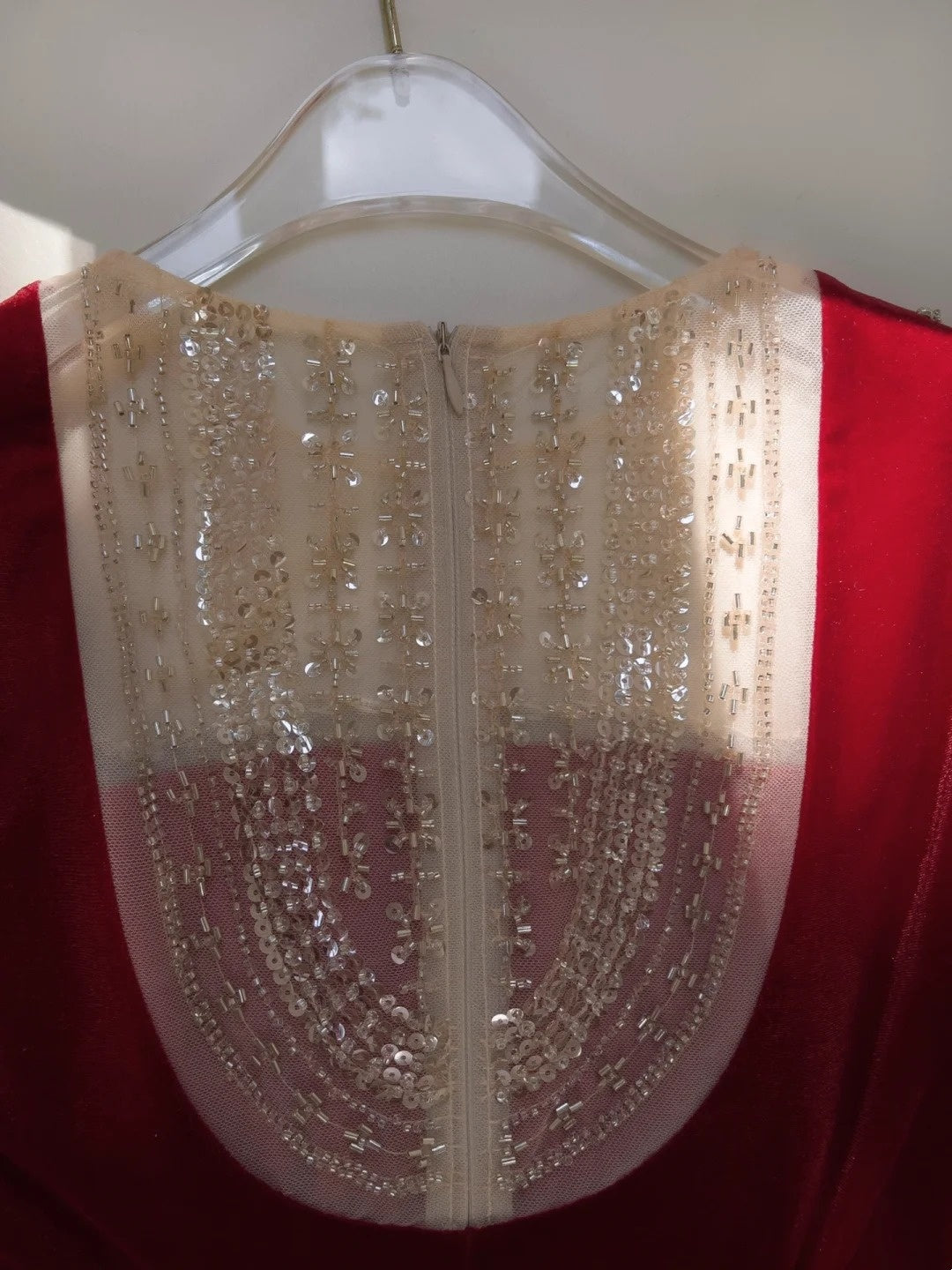 Elegant Illusion Neck Red Prom Dress Velvet Beaded Long Sleeve A-Line Evening Dress GG6017