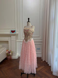 Romantic Spaghetti Straps Pink Prom Dress Floral Tassel Bodice A-Line Evening Dress GG6019