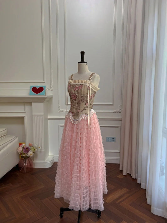 Romantic Spaghetti Straps Pink Prom Dress Floral Tassel Bodice A-Line Evening Dress GG6019