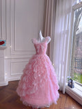 Cute Tiered Pink Prom Dress Tulle A-Line Evening Dress GG6021