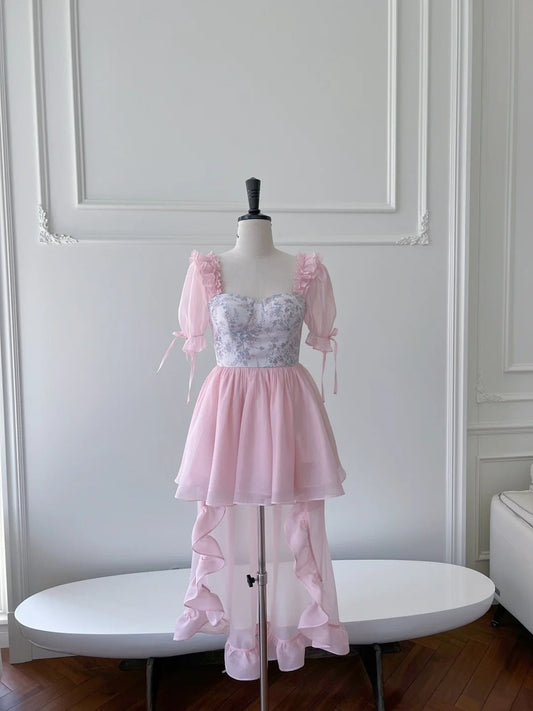 Adorable Short Sleeve Pink Homecoming Dress Ruffles Tulle Floral A-Line Birthday Dress GG6022