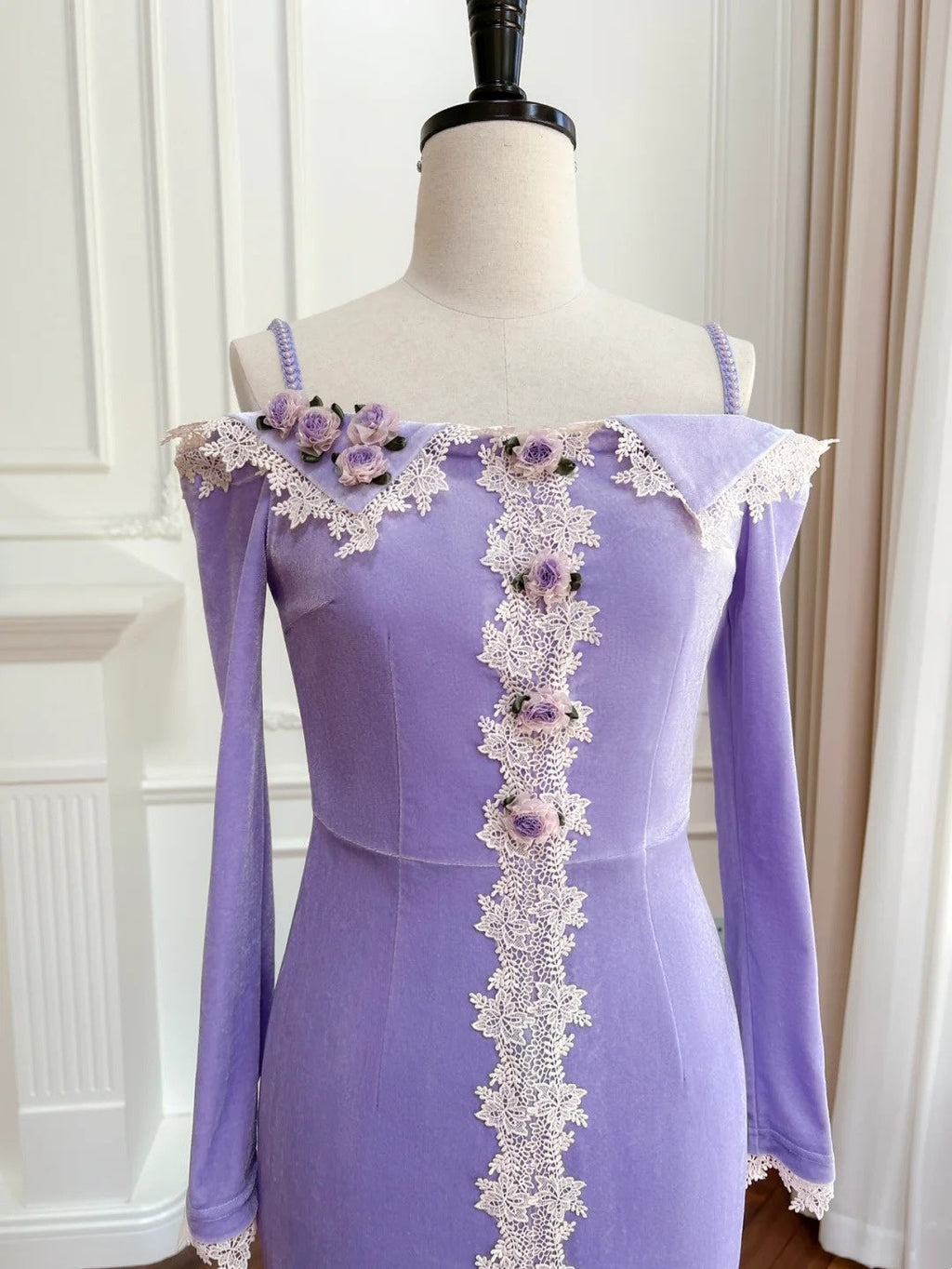Charming Lace Purple Prom Dress Long Sleeve Appliques Mermaid Evening Dress GG6023