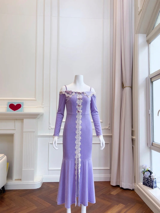 Charming Lace Purple Prom Dress Long Sleeve Appliques Mermaid Evening Dress GG6023