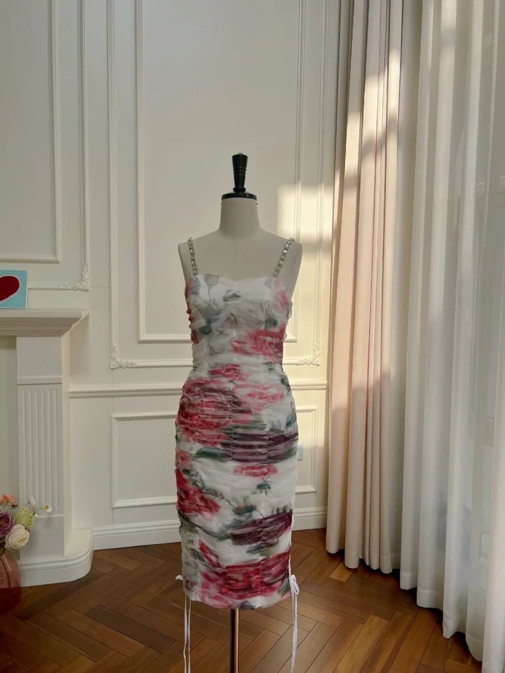 Alluring Spaghetti Straps Beaded Homecoming Dress Floral Bodycon Birthday Dress GG6028