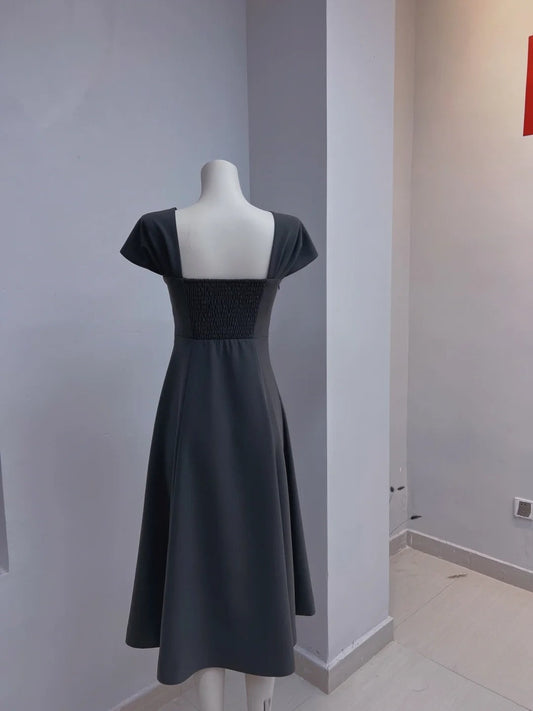 Simple Grey Prom Dress Short Sleeve A-Line Evening Dress GG6029