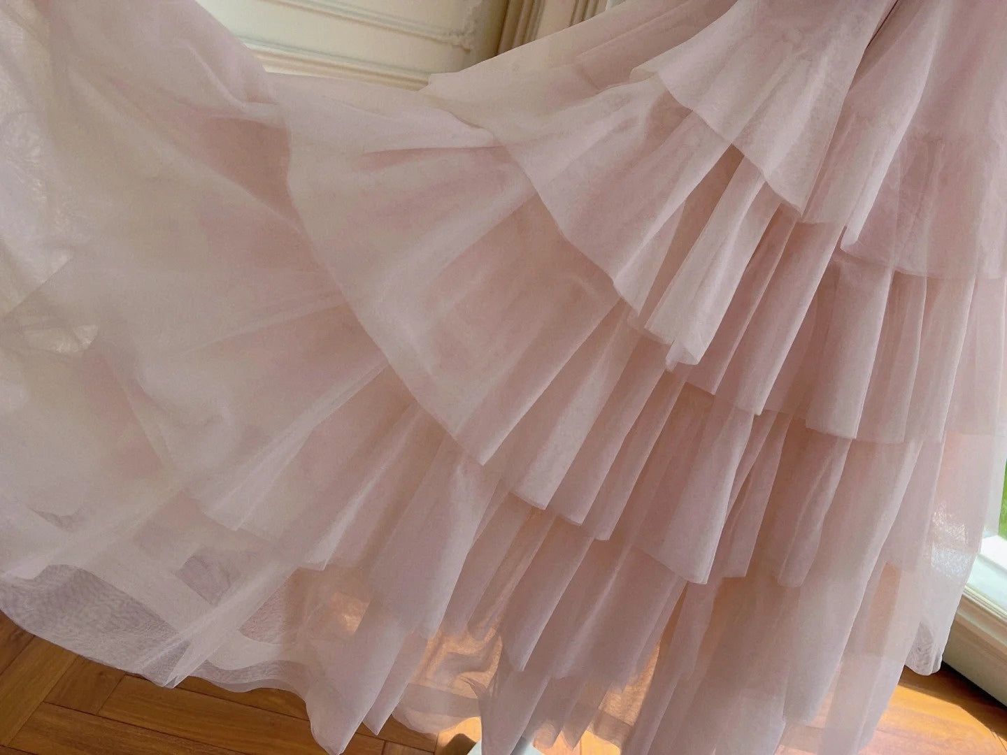 Romantic Tiered Tulle Pink Prom Dress Spaghetti Straps A-Line Evening Dress GG6032