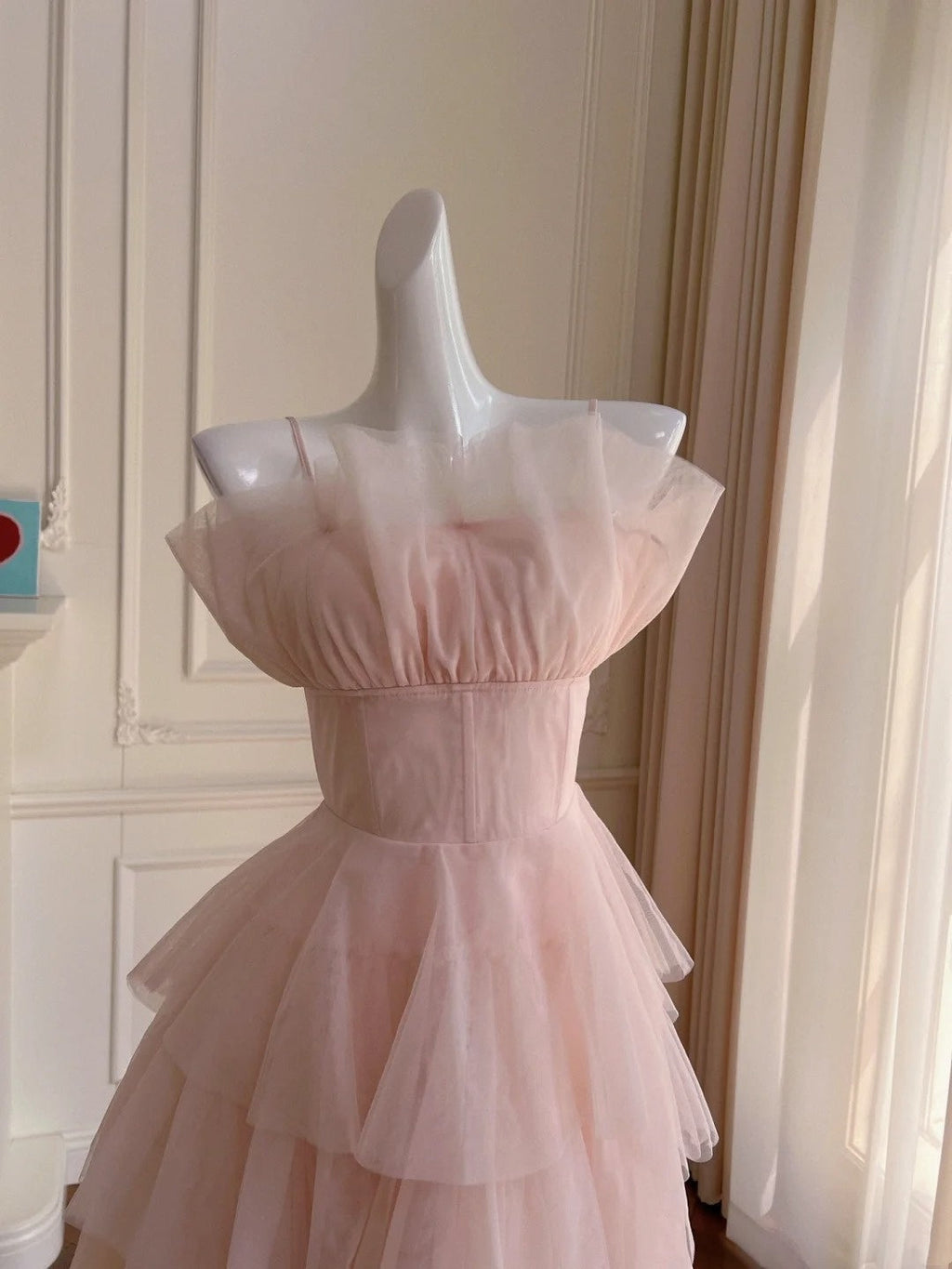 Romantic Tiered Tulle Pink Prom Dress Spaghetti Straps A-Line Evening Dress GG6032