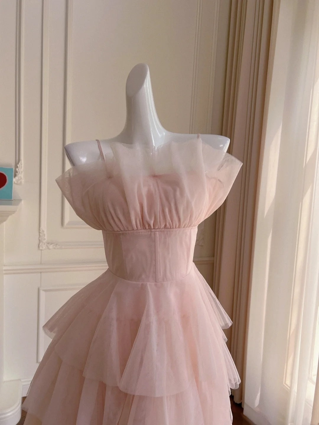 Romantic Tiered Tulle Pink Prom Dress Spaghetti Straps A-Line Evening Dress GG6032