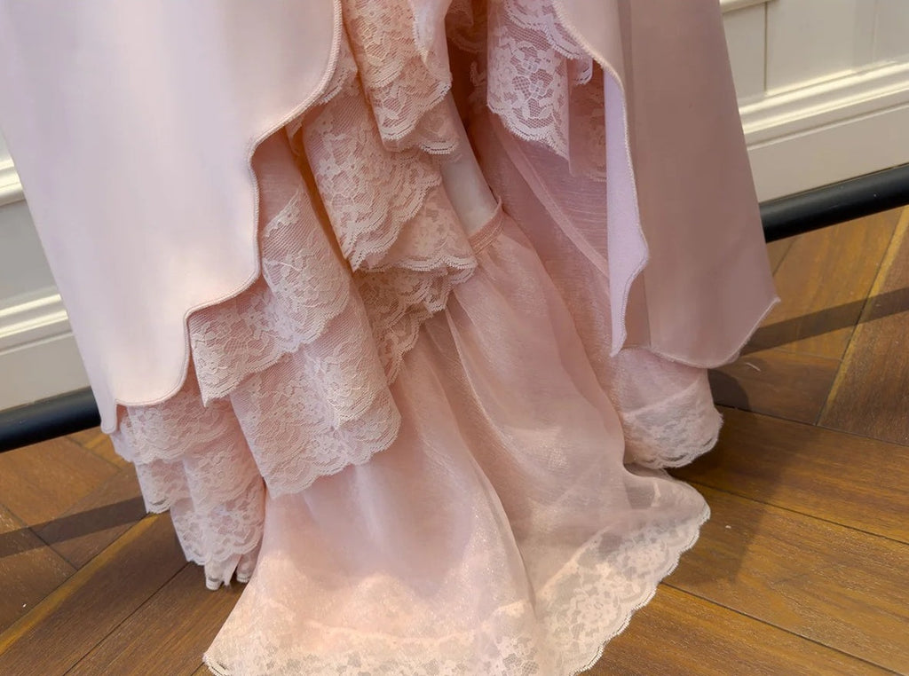 Elegant Lace Pink Prom Dress Spaghetti Straps Satin Mermaid Evening Dress GG6036