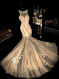 Unique Jewel Neck Beige Prom Dress Appliques Sequins Mermaid Evening Dress GG6058