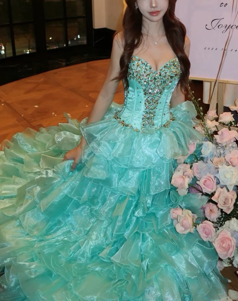 Sparkly Sweetheart Neck Blue Prom Dress Rhinestones A-Line Tiered Evening Dress GG6068