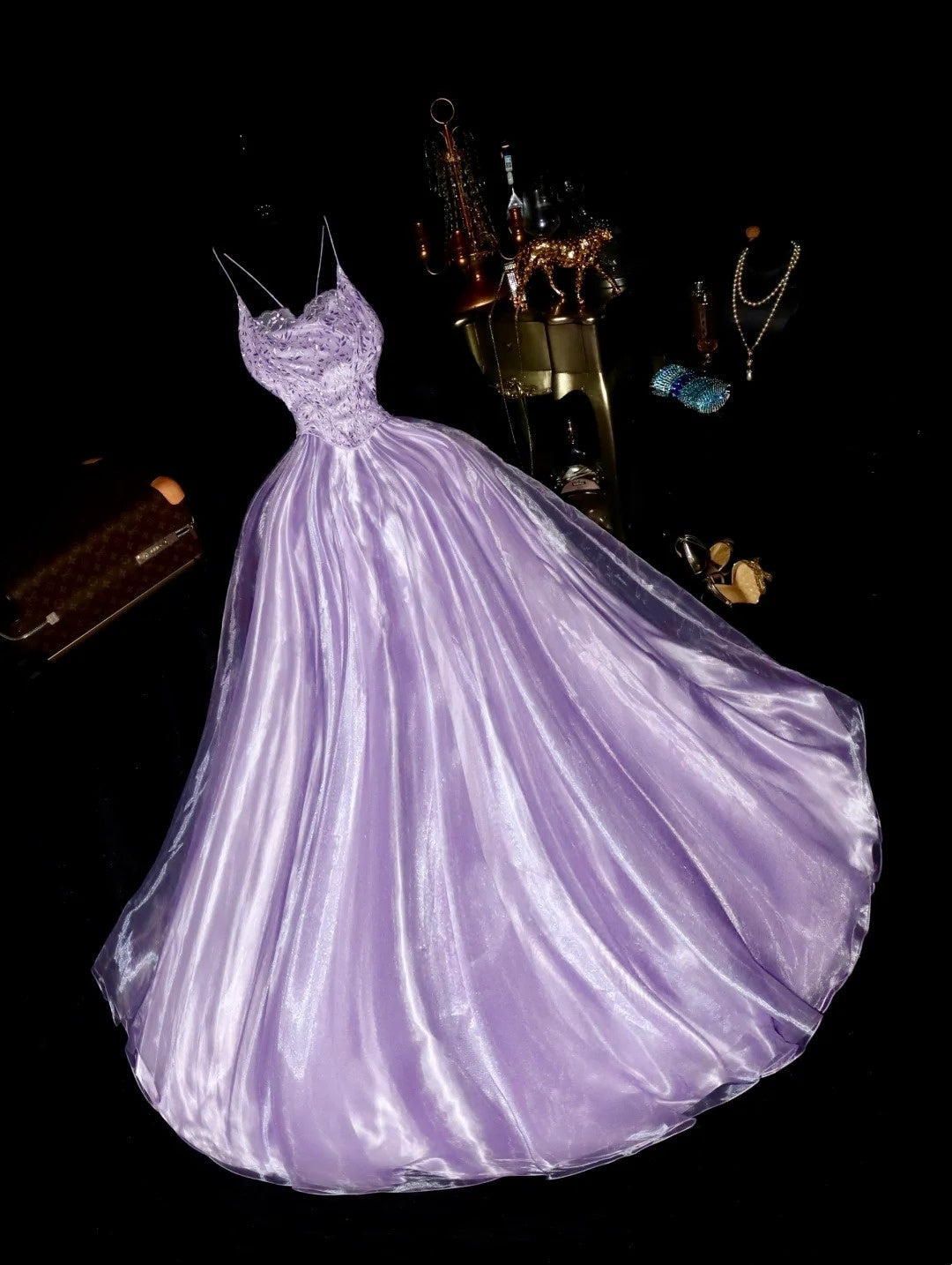 Elegant Spaghetti Straps Purple Prom Dress Floral Sequins A-Line Evening Dress GG6076