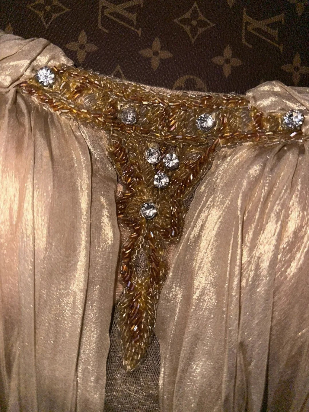 Glam Spaghetti Straps Gold Prom Dress Beaded A-Line Evening Dress GG6082