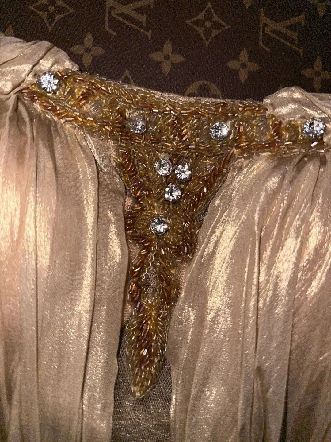 Glam Spaghetti Straps Gold Prom Dress Beaded A-Line Evening Dress GG6082