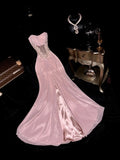 Trendy Strapless Slit Pink Prom Dress Appliques Sequins Mermaid Evening Dress GG6086