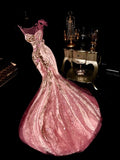 Enchanting Spaghetti Straps Pink Prom Dress Sequins Appliques Mermaid Evening Dress GG6090