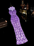 Unique High Collar Purple Prom Dress Sequins Sheath Evening Dress GG6096